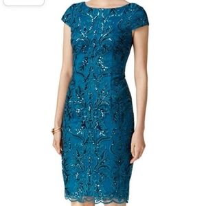 Adrianna Papell Size 14 Teal Embroidered Sequined Knee-Length Evening Dress